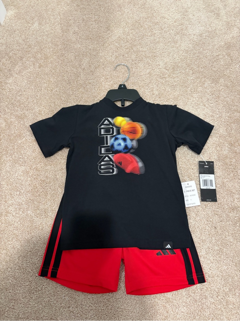 adidas Black Tee with Red Shorts Kids Athletic Set